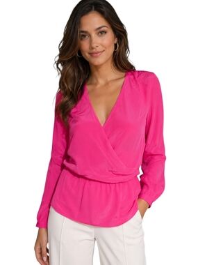 NWT Ann Taylor 100% Silk Hot Pink Wrap Peplum Blouse XS